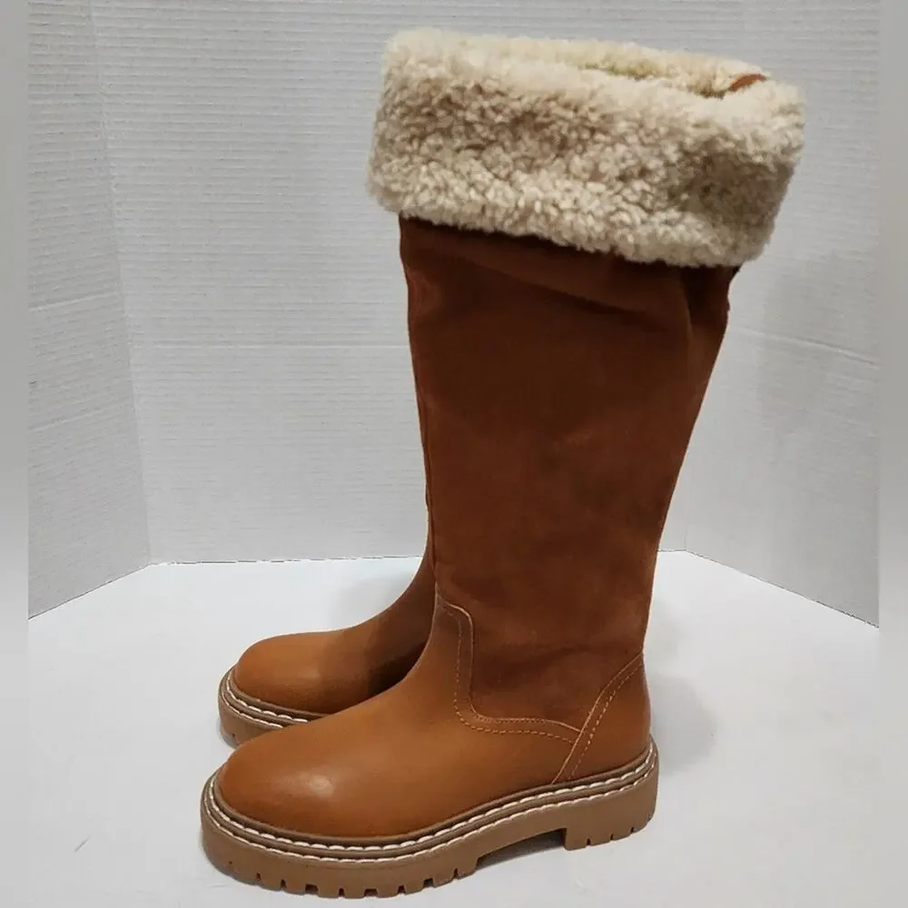 Splendid  Antonia faux fur trimmed Cognac leather boots Women's size 7.5 8 new!!